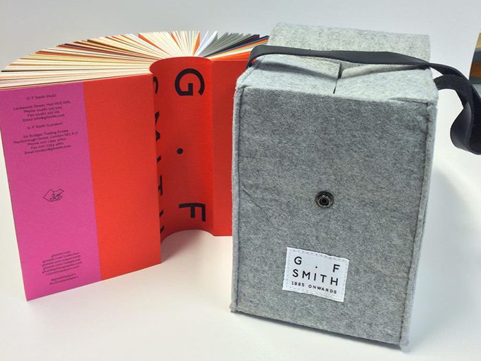 Grey felt cube shape bag with GF Smith paper sample book