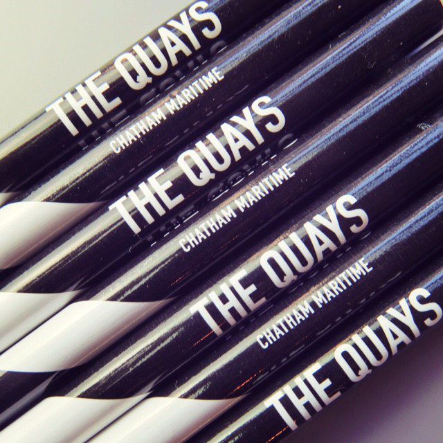 luxury merchandise gifts Custom made black and white pencils with white print THE QUAYS