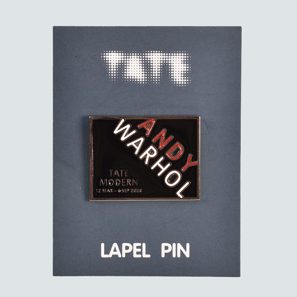 luxury merchandise ideas Andy Warhol x Tate Gallery pin badge on backing card