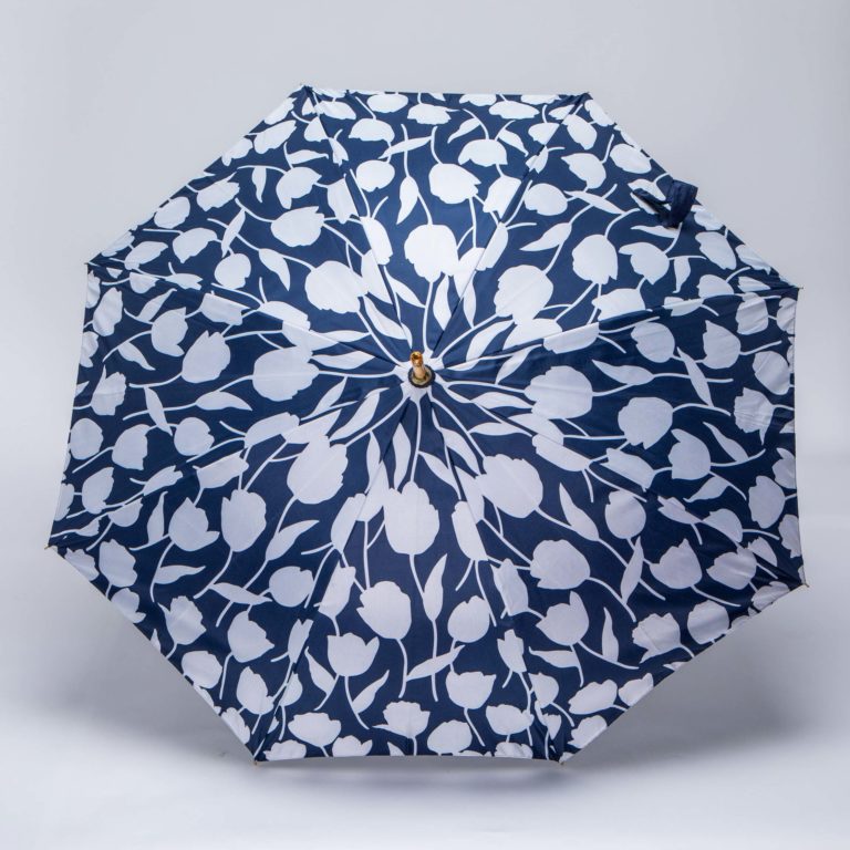 Premium customised umbrella with all over print on umbrella panels in blue with white