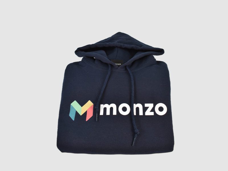 Navy blue folded hooded jumper with printed logo MONZO