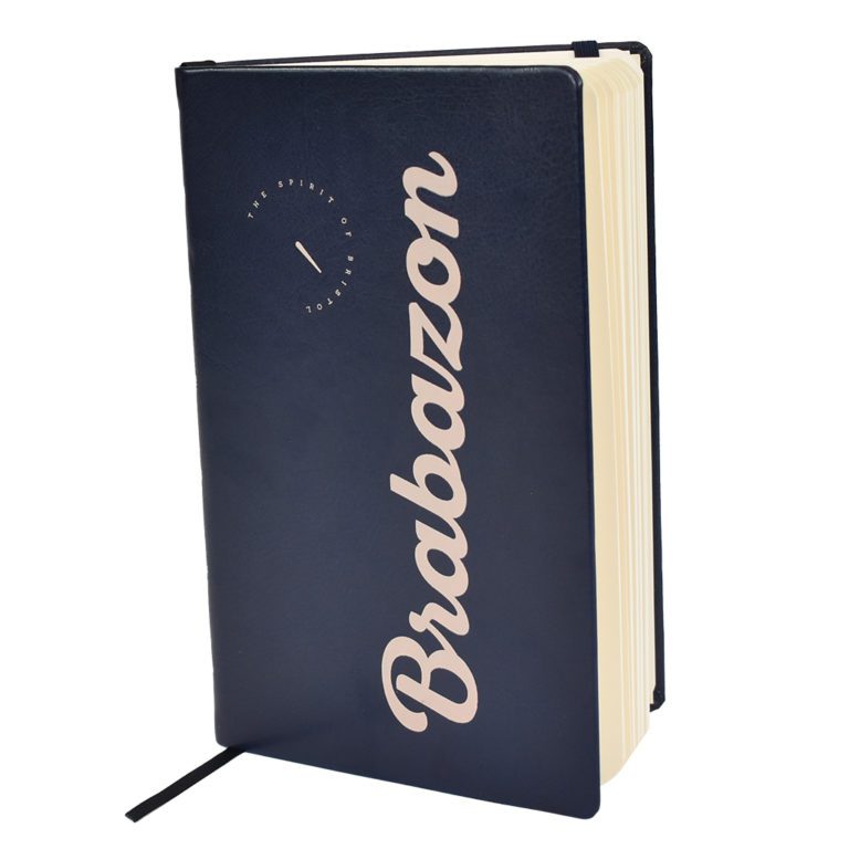 navy blue notebook with grey print and cream pages custom printed logo notebooks