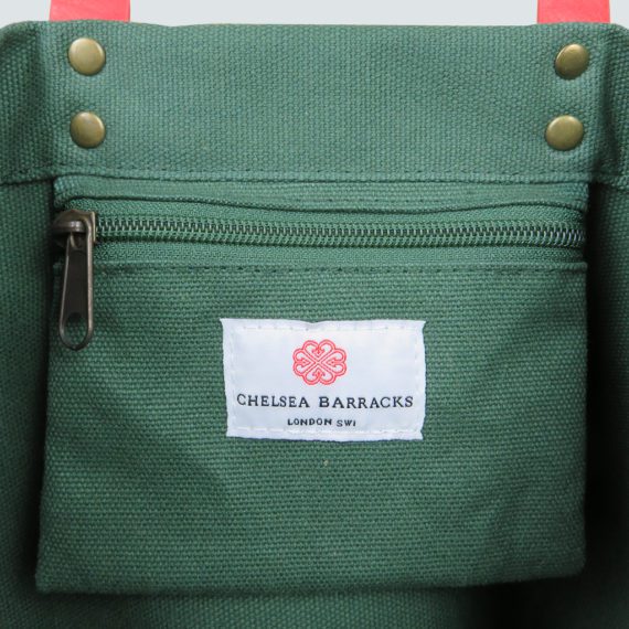CHELSEA BARRACKS woven label badge on inside pocket of green bag