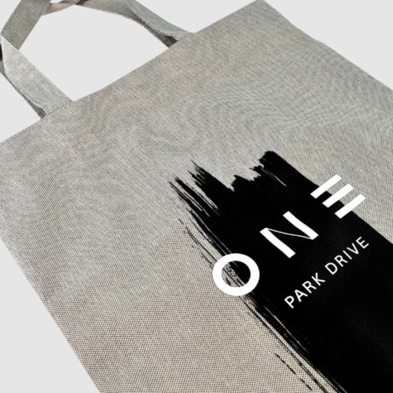 ONE PARK DRIVE print on grey short handled tote bag