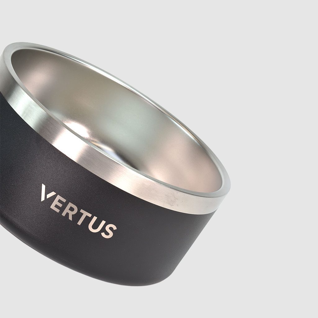 black and silver dog bowl with Vertus print product sourcing specialist