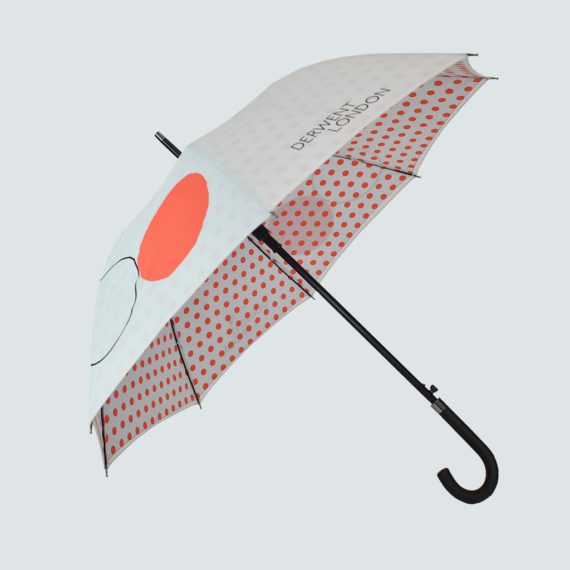 White umbrella with orange spots on inside of umbrella with black crook handle branded corporate promotional products