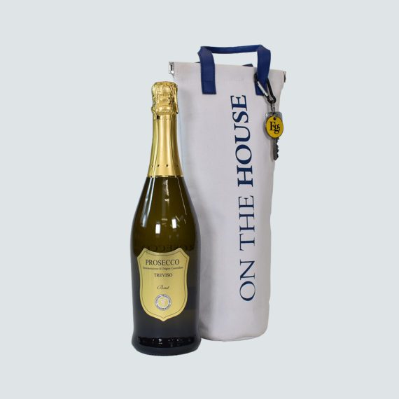 Prosecco bottle with custom made white bottle bag for property developer