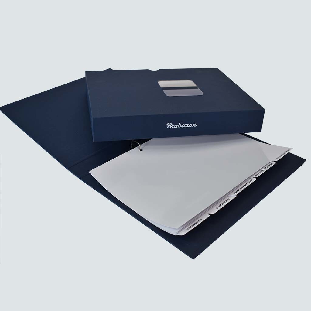 Blue ring binder folder with die cut front