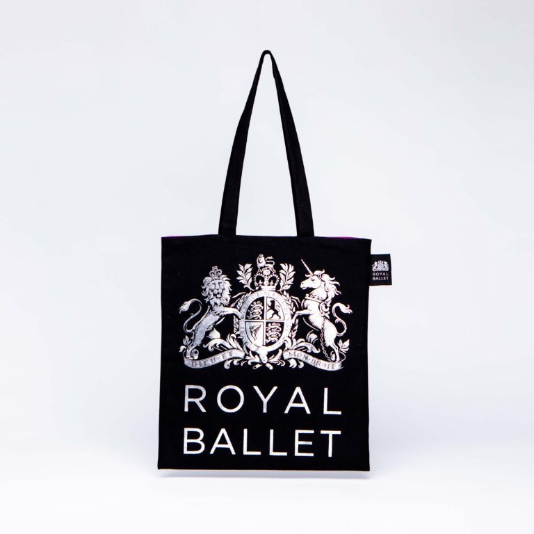 Product Sourcing UK black tote bag with Royal Ballet silver foiling decoration luxury packaging