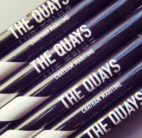 Custom made black and white pencils with white print THE QUAYS