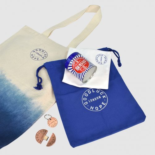 bespoke branded merchandise collection of personalised fabric bags with ombre print tote bag and Pantone matched drawcord bag