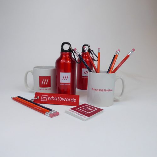 bespoke branded merchandise collection of personalised product range of stainless steel bottles, ceramic mugs, embroidered keyring and pendils